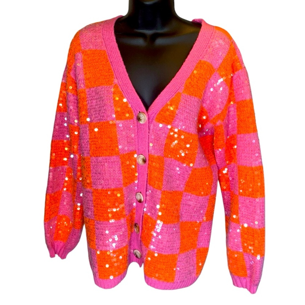 BIBI S Pink and Orange Checkered Sweater S